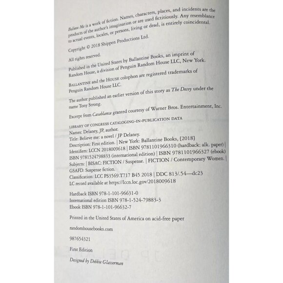 Believe Me: A Novel by JP Delaney 1st Edition Hardcover Book - Picture 4 of 6